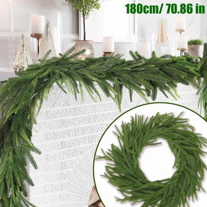 71 Inch Artificial Norfolk Pine Garlands Real Touch Christmas Pine Garland DIY Wreath Supplies Faux Cedar Realistic Greenery For Xmas New Year Party Table Wall Fireplace Mantl Decoration
