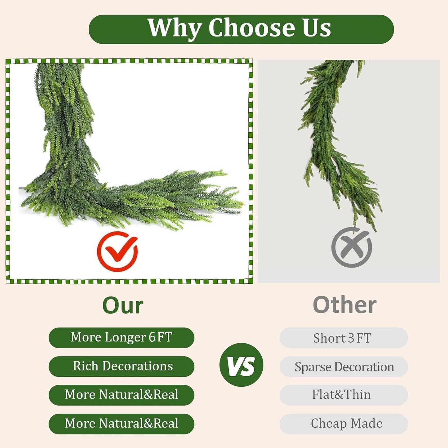 71 Inch Artificial Norfolk Pine Garlands Real Touch Christmas Pine Garland DIY Wreath Supplies Faux Cedar Realistic Greenery For Xmas New Year Party Table Wall Fireplace Mantl Decoration