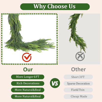 71 Inch Artificial Norfolk Pine Garlands Real Touch Christmas Pine Garland DIY Wreath Supplies Faux Cedar Realistic Greenery For Xmas New Year Party Table Wall Fireplace Mantl Decoration